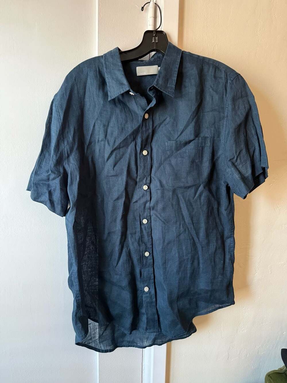 Vince Men's 100% Linen Short-Sleeve Button-Up Shirt Dark Blue Size Medium
